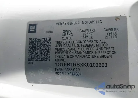 2019 Chevrolet Camaro 1Lt z USA, uszkodzony, nr VIN 1G1FB1RSXK0103663